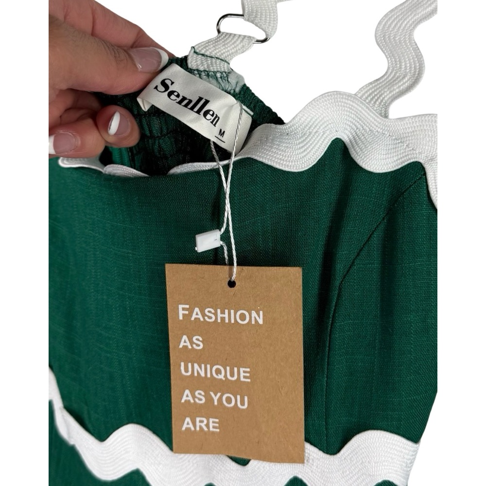Senllen Green Cotton Linen Ric Rac Trim Mini Dress Smocked Back Size M NWT - Picture 4 of 7